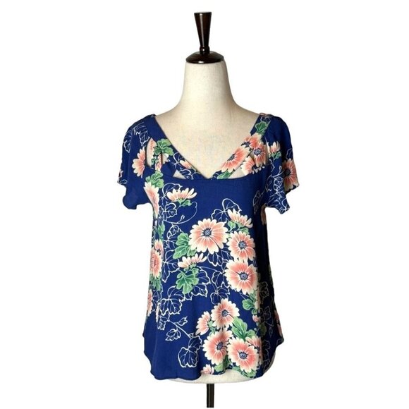 Maeve Anthropologie Tri Cut‎ Blouse Womens 2P Blue Pink Floral Print Cut Out Top - Picture 2 of 10